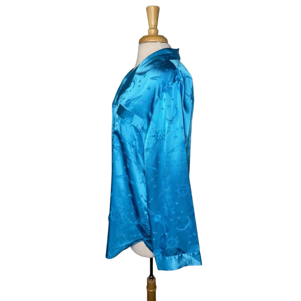 Vintage Blue Satin Celestial Blouse Size Medium Women Moon Stars Sun Planets - Picture 2 of 10
